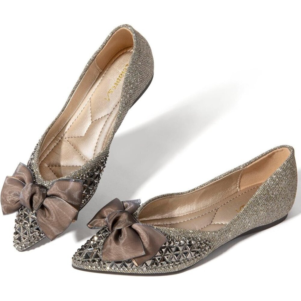 Zelaprox Women's Silver Leather Rhinestone Pointed Toe Bowknot Ballet Shoes